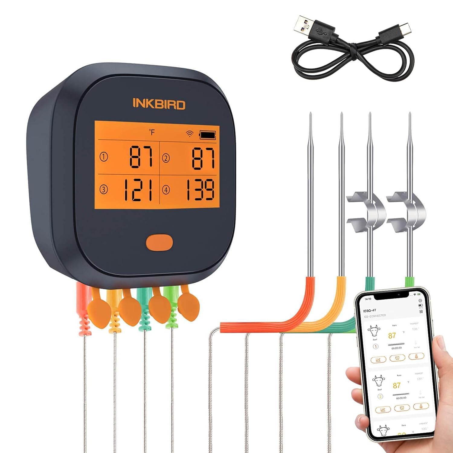 WiFi Grill Meat Thermometer with 4 Colored Probes P133915