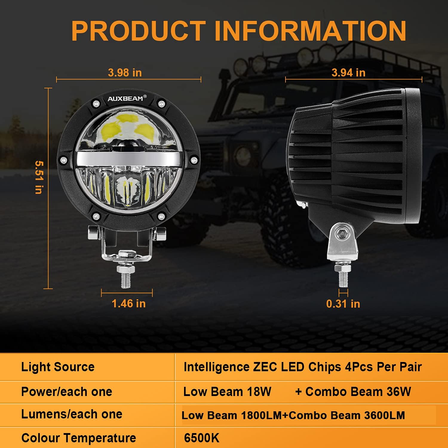 4 Inch Round LED Light Pods with Hi/Lo/Combo Beam 72W 7200LM B8220