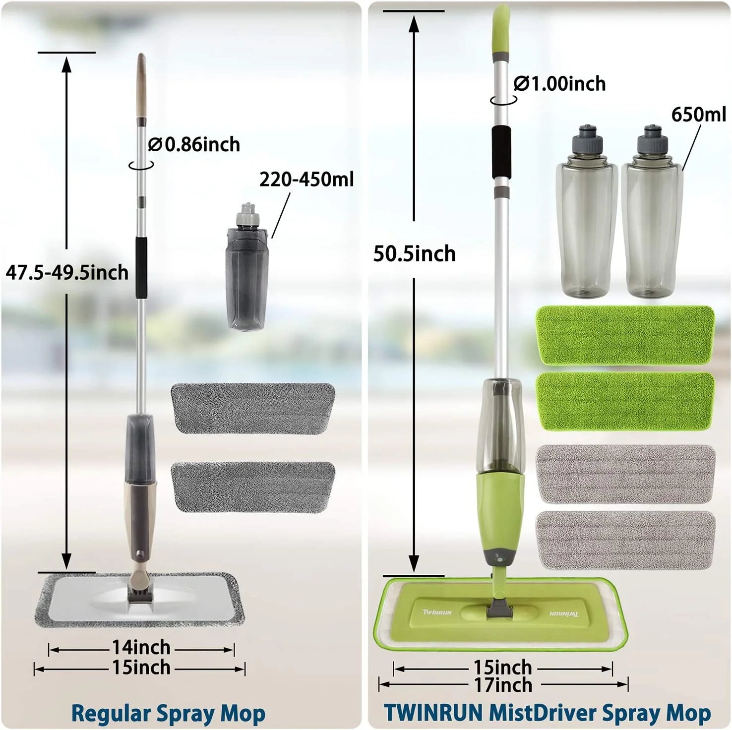 Microfiber Spray Mop with 2 Refillable Water Bottles, 4 Washable Mop Pads, 650 ml F714