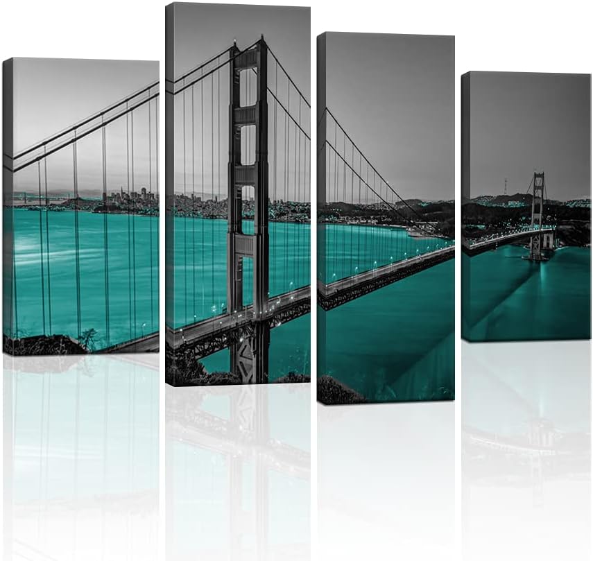 Black White Teal Golden Gate Bridge Canvas Wall Art M5276