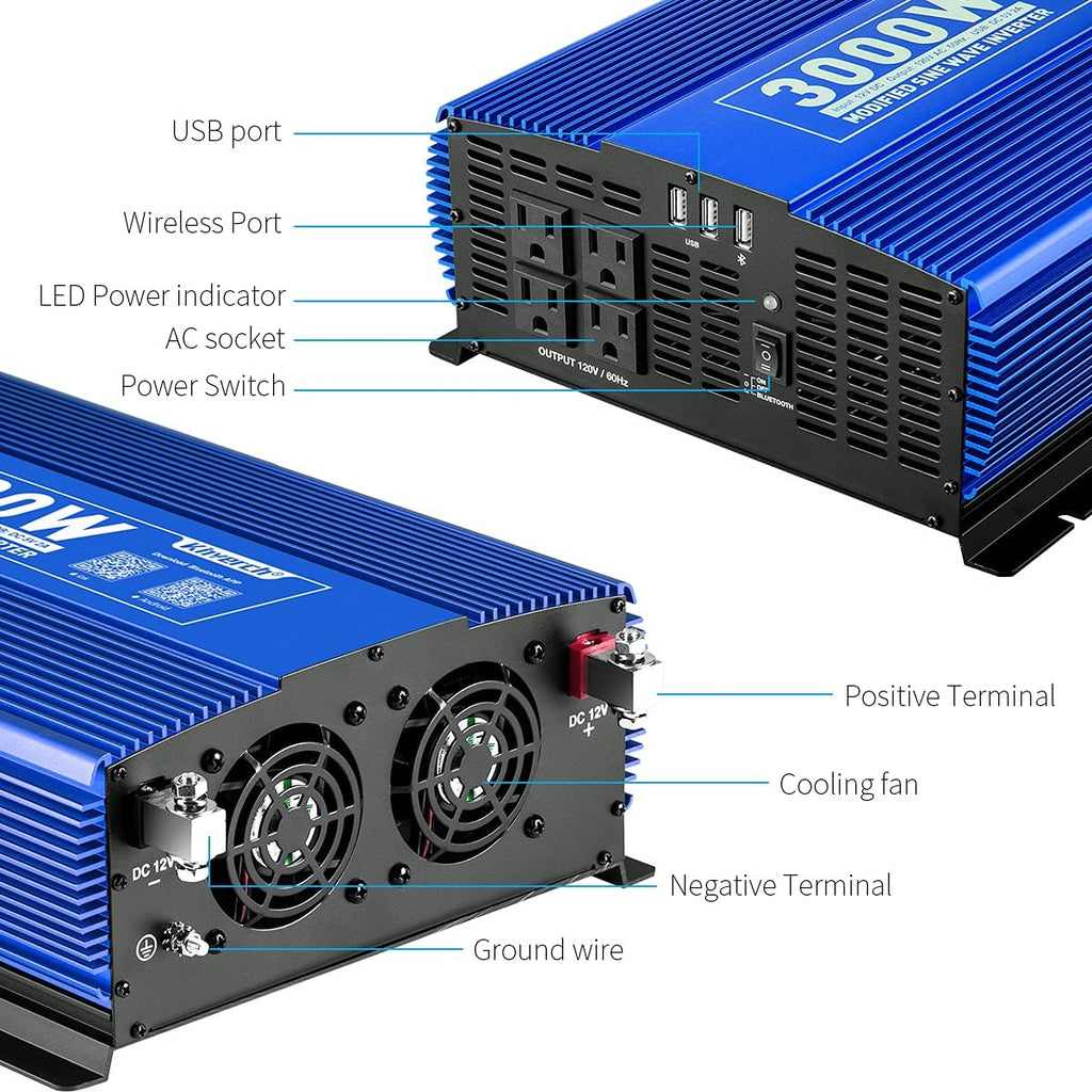 3000W Power Inverter DC12V to 110V AC Car Inverter with 4AC Outlets 2USB Port W45832