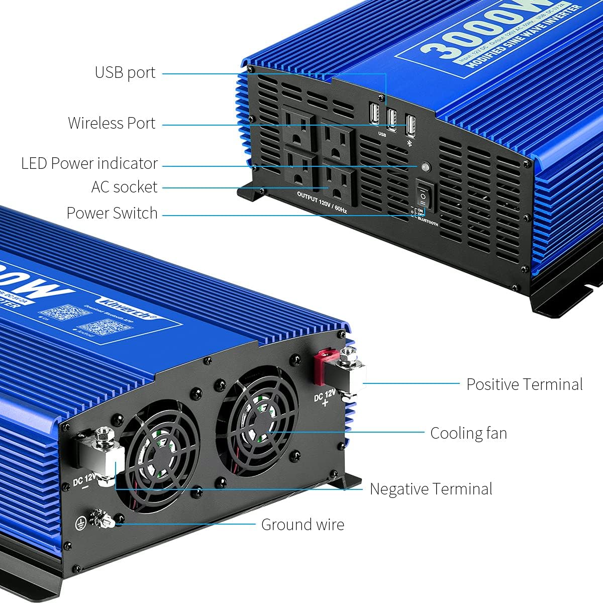 3000W Power Inverter DC12V to 110V AC Car Inverter with 4AC Outlets 2USB Port W45832
