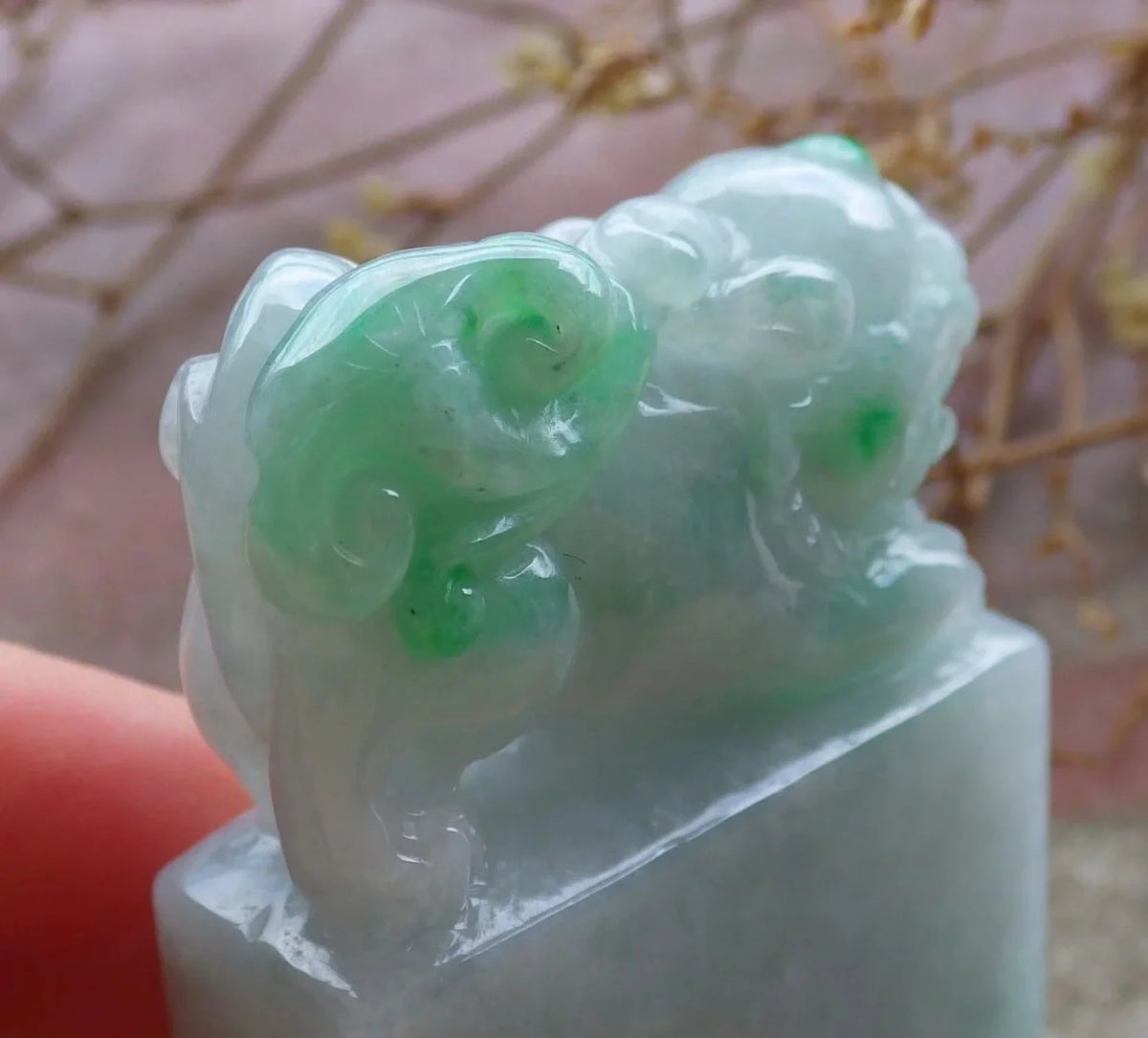Green Natural Burma Jade Dragon Pi Xiu Chop Seal Display Y21893