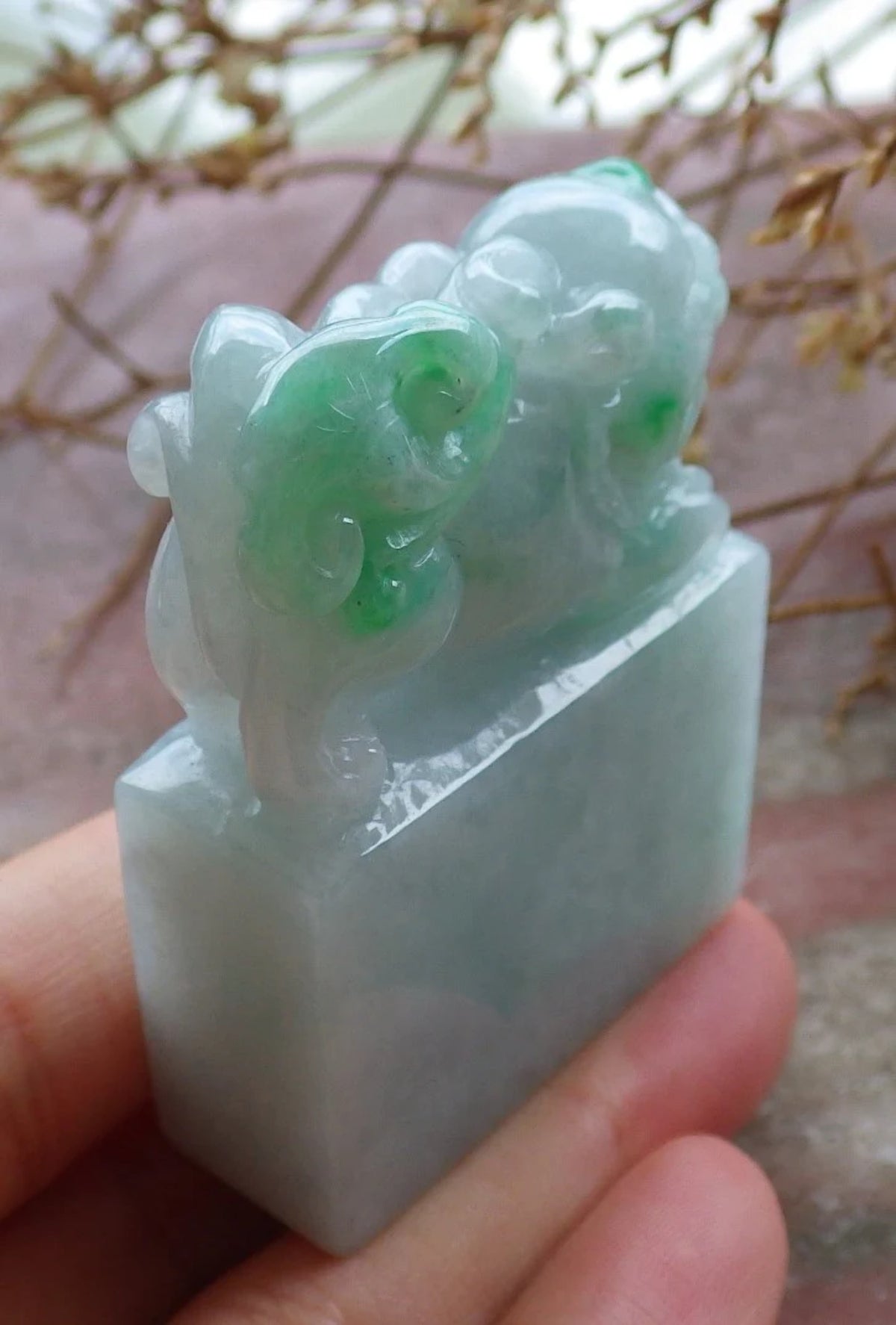 Green Natural Burma Jade Dragon Pi Xiu Chop Seal Display Y21893