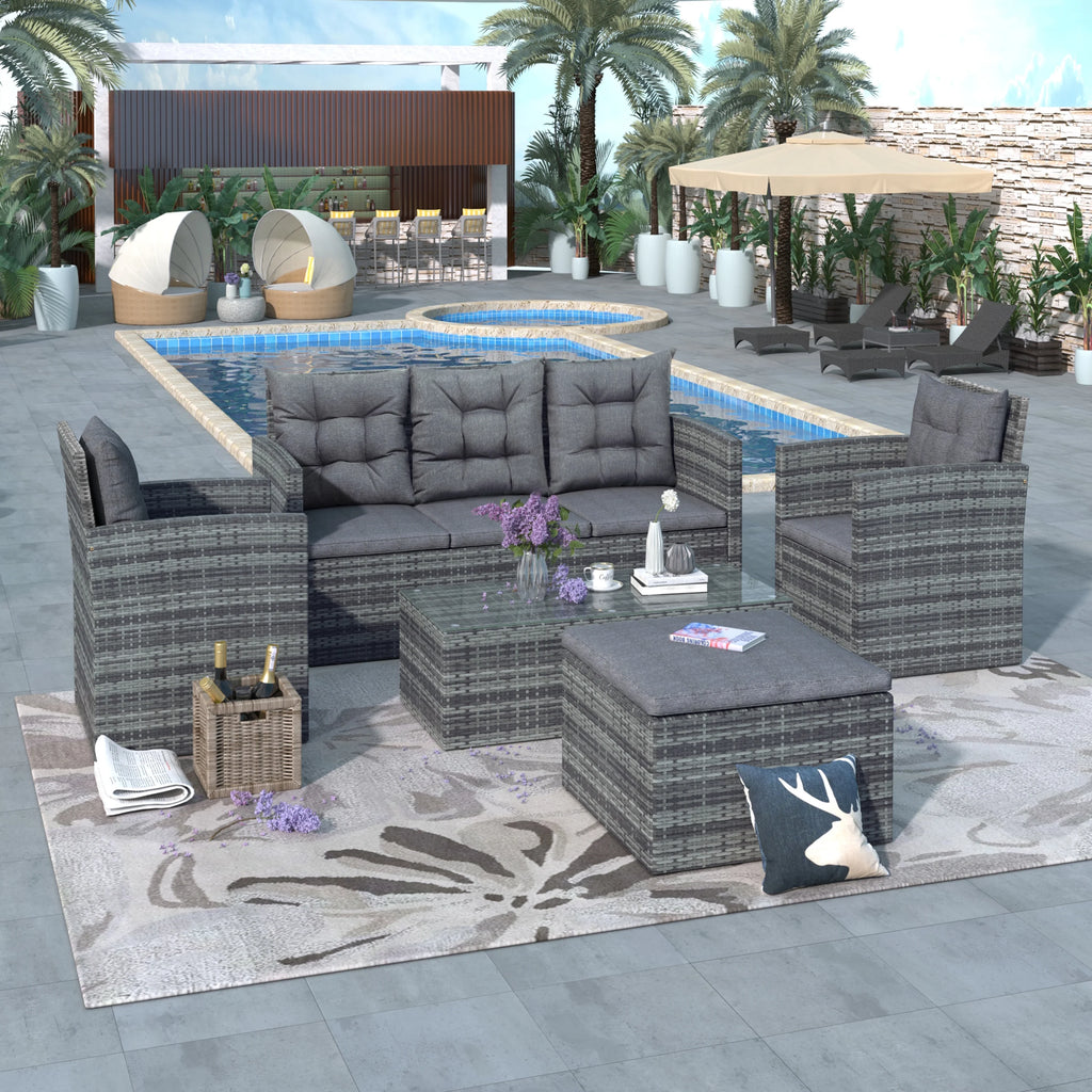 5 Piece Outdoor Patio Furniture Set with Storage Ottoman, 3 Seat Couch & 2 Arm Chairs, PE Wicker Sofa with Tempered Glass Table, Gray D5027