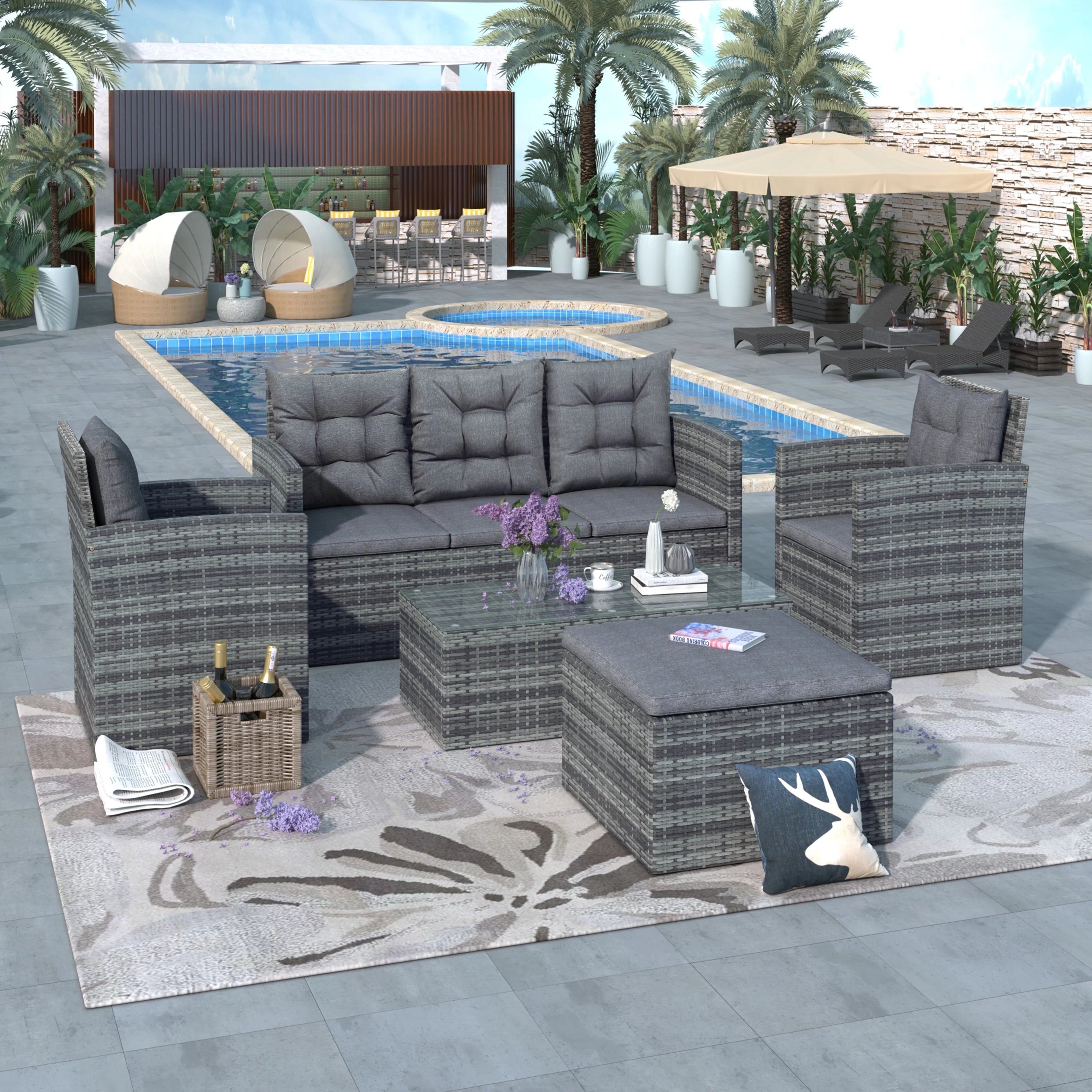5 Piece Outdoor Patio Furniture Set with Storage Ottoman, 3 Seat Couch & 2 Arm Chairs, PE Wicker Sofa with Tempered Glass Table, Gray D5027