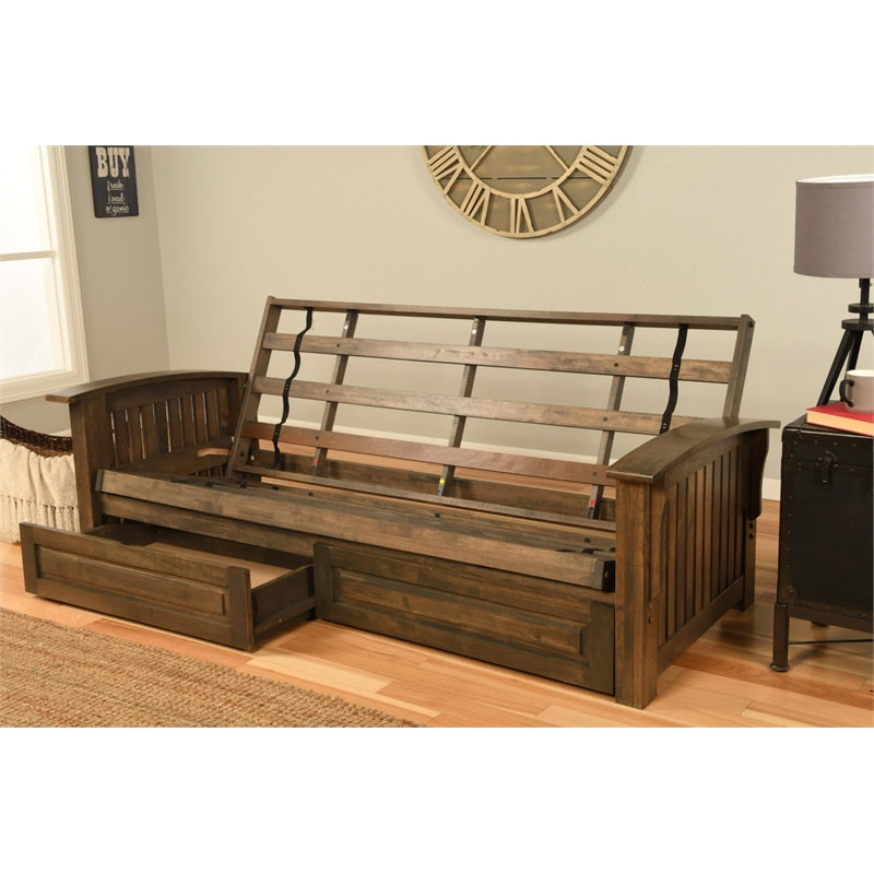 Walnut Futon with Drawers and Linen Gray Mattress Z1322