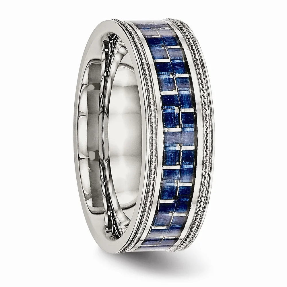 Stainless Steel Ring with Blue Carbon Fiber Inlay O451551