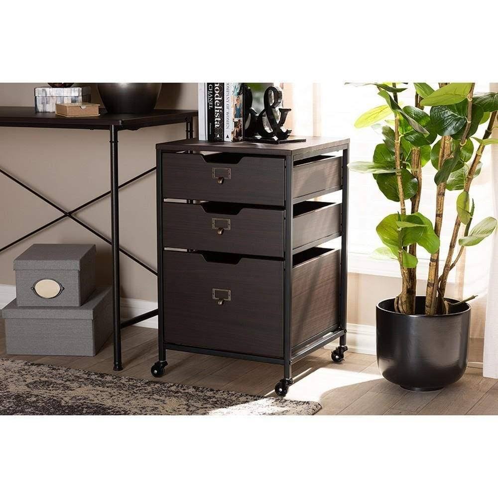 Espresso Wood and Black Metal Mobile File Cabinet 3-Drawer E574255