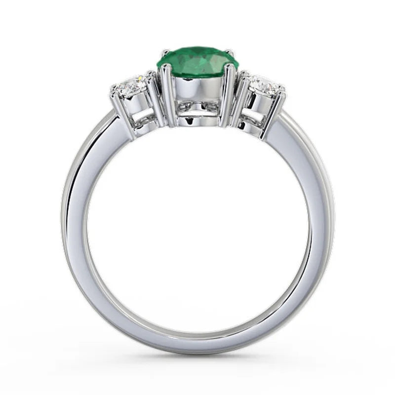 Oval Cut Emerald Three Stone Ring 14K White Gold Size 4 S947