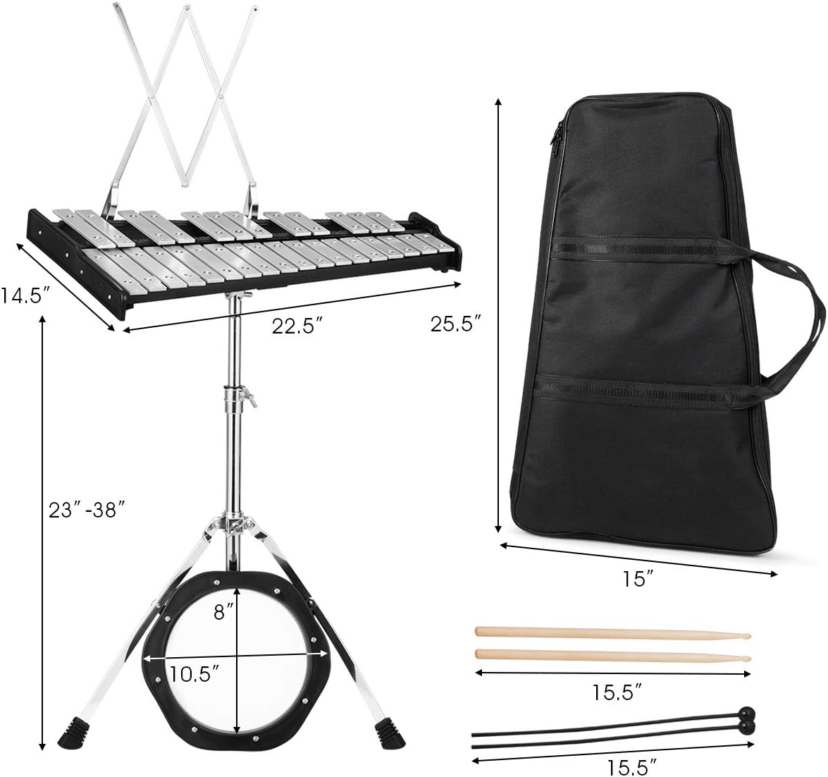 Glockenspiel Bell Kit 30 Notes with Frame, Music Stand, Practice Pad, Bell Mallets, Wooden Drumsticks, Carrying Bag I2055