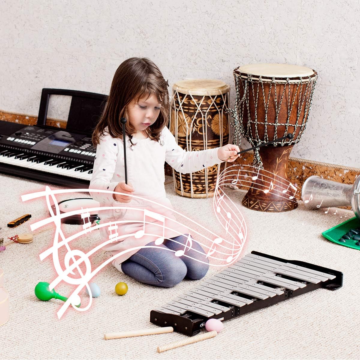Glockenspiel Bell Kit 30 Notes with Frame, Music Stand, Practice Pad, Bell Mallets, Wooden Drumsticks, Carrying Bag I2055