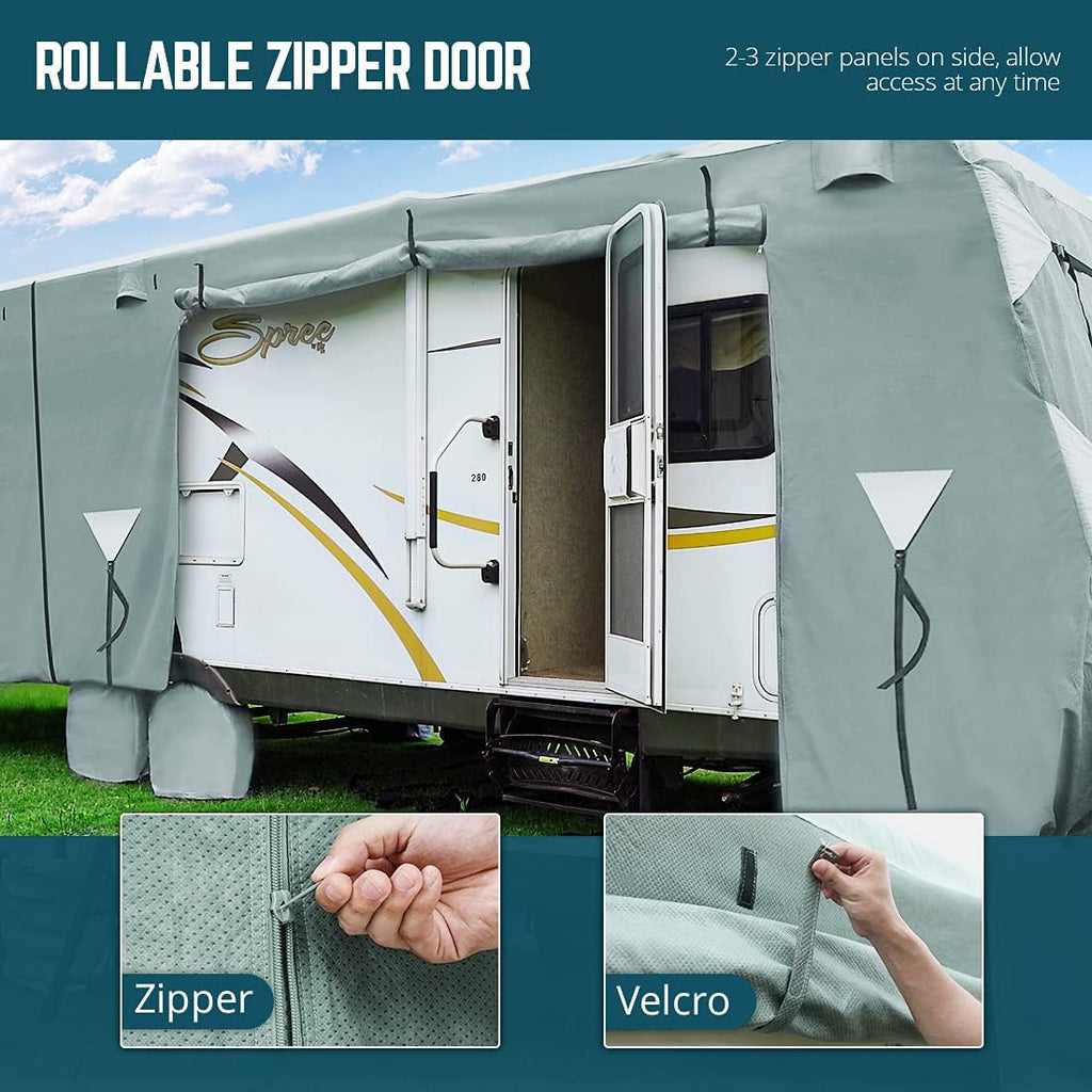 Extra-Thick 5 Layers Anti-UV Travel Trailer RV Cover with 2 Straps & 4 Tire Covers G6019