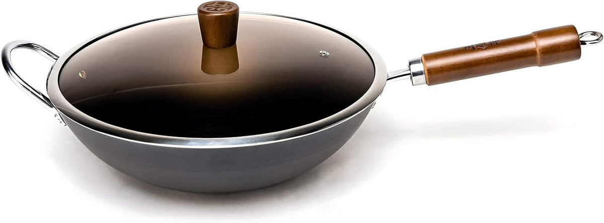 Carbon Steel Wok 12.59 Round Bottom Chinese Traditional Iron Pot with Detachable Wooden Handle Gift Pack of 2 O5221