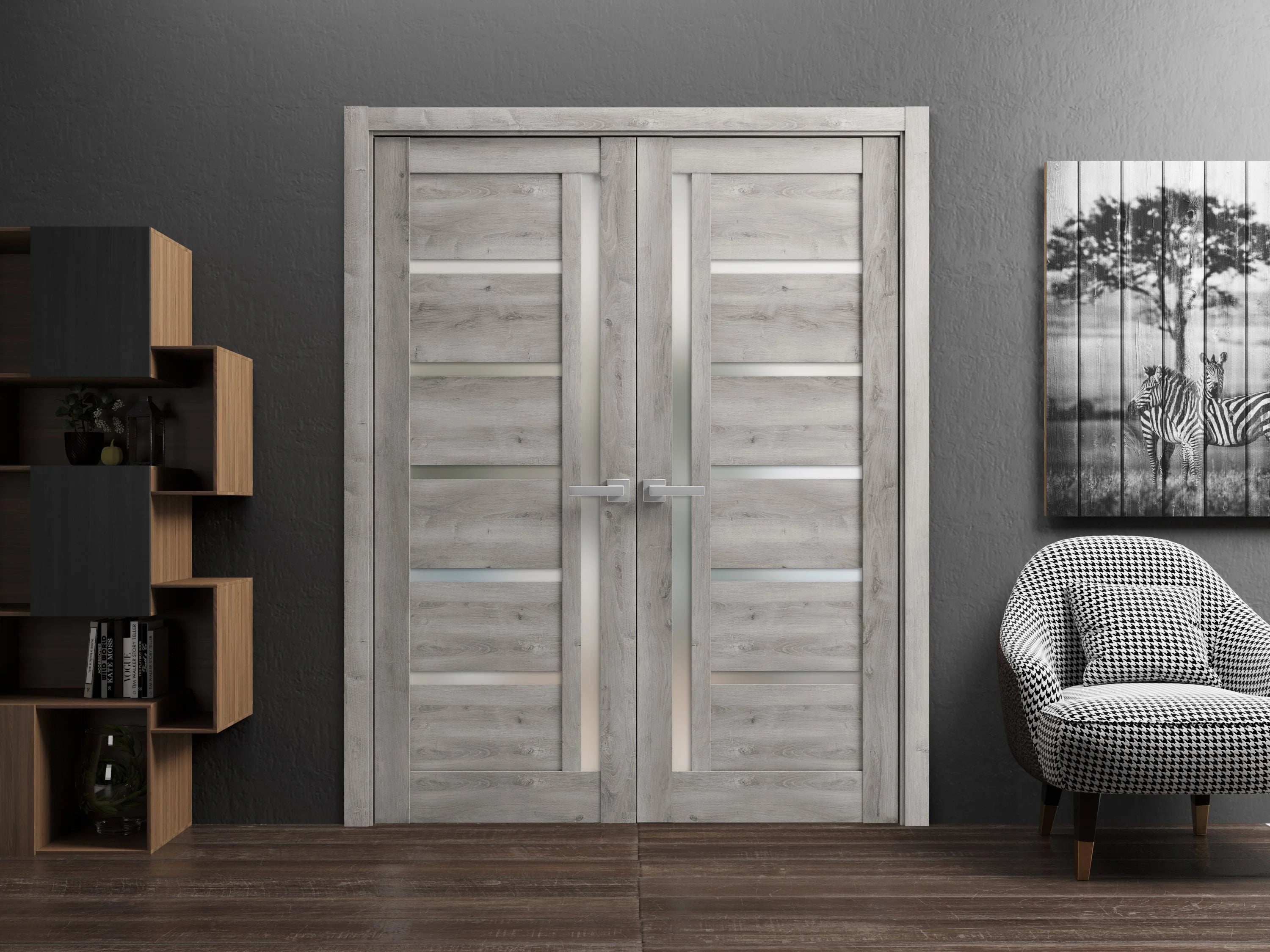 Solid French Double Doors 48 x 96 inches Frosted Glass Wood N838