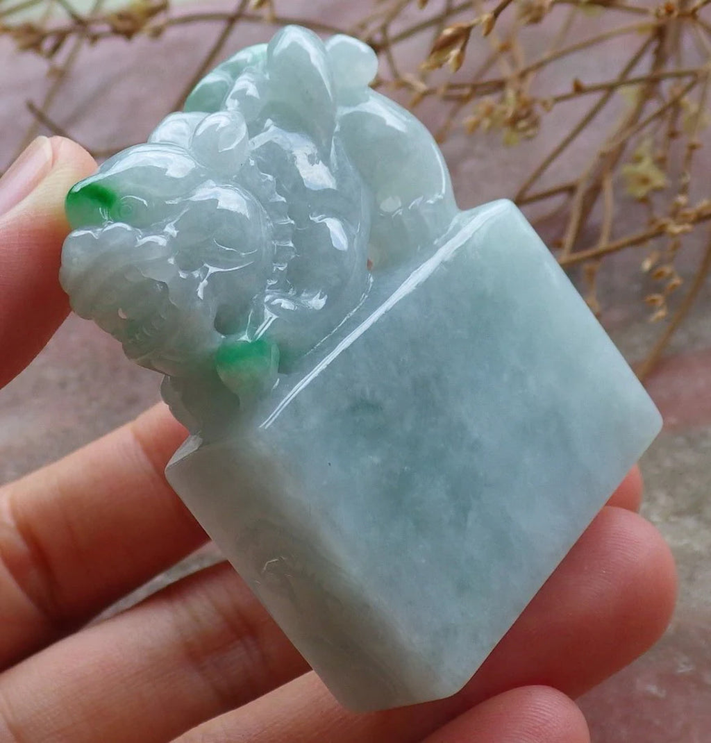 Green Natural Burma Jade Dragon Pi Xiu Chop Seal Display Y21893