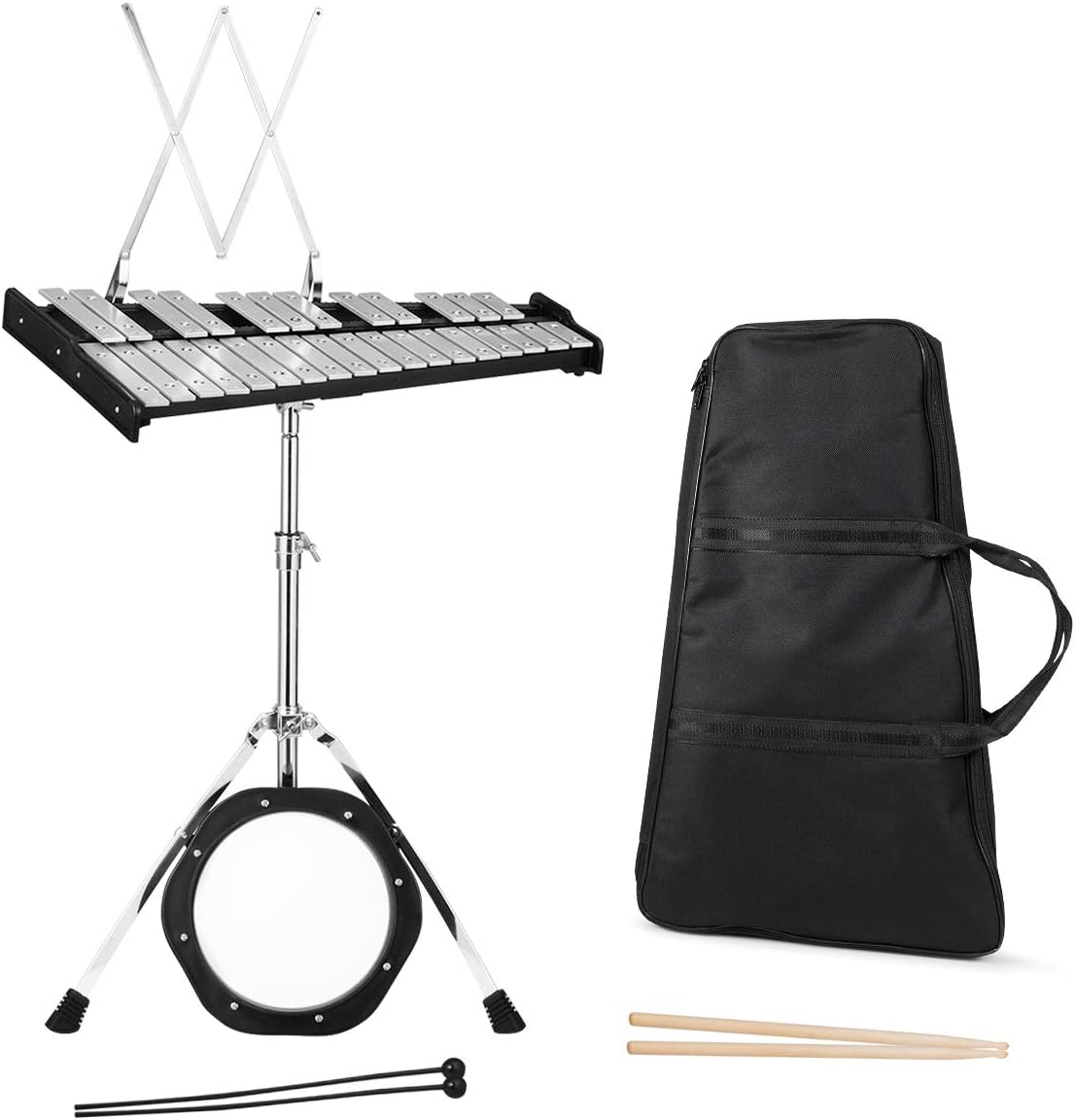 Glockenspiel Bell Kit 30 Notes with Frame, Music Stand, Practice Pad, Bell Mallets, Wooden Drumsticks, Carrying Bag I2055