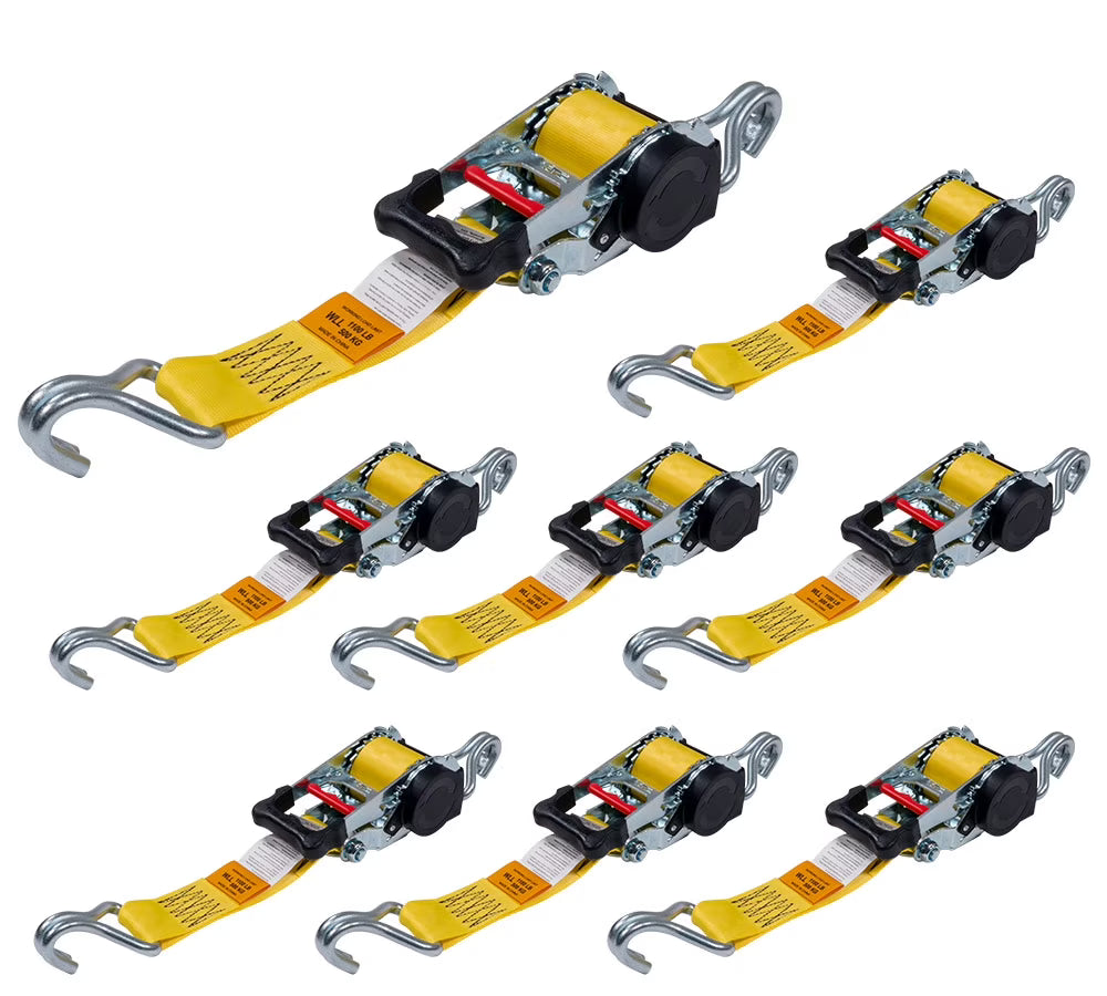8 Pack 2" x 10' Retractable Ratchet Straps with Double J-Hook, 3,300 lbs Breaking Strength, Yellow X973