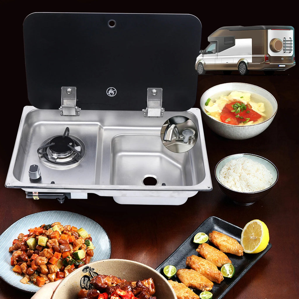 RV Gas Stove 1 Burner With Sink & Faucet Combo w/ Glass Lid A40501