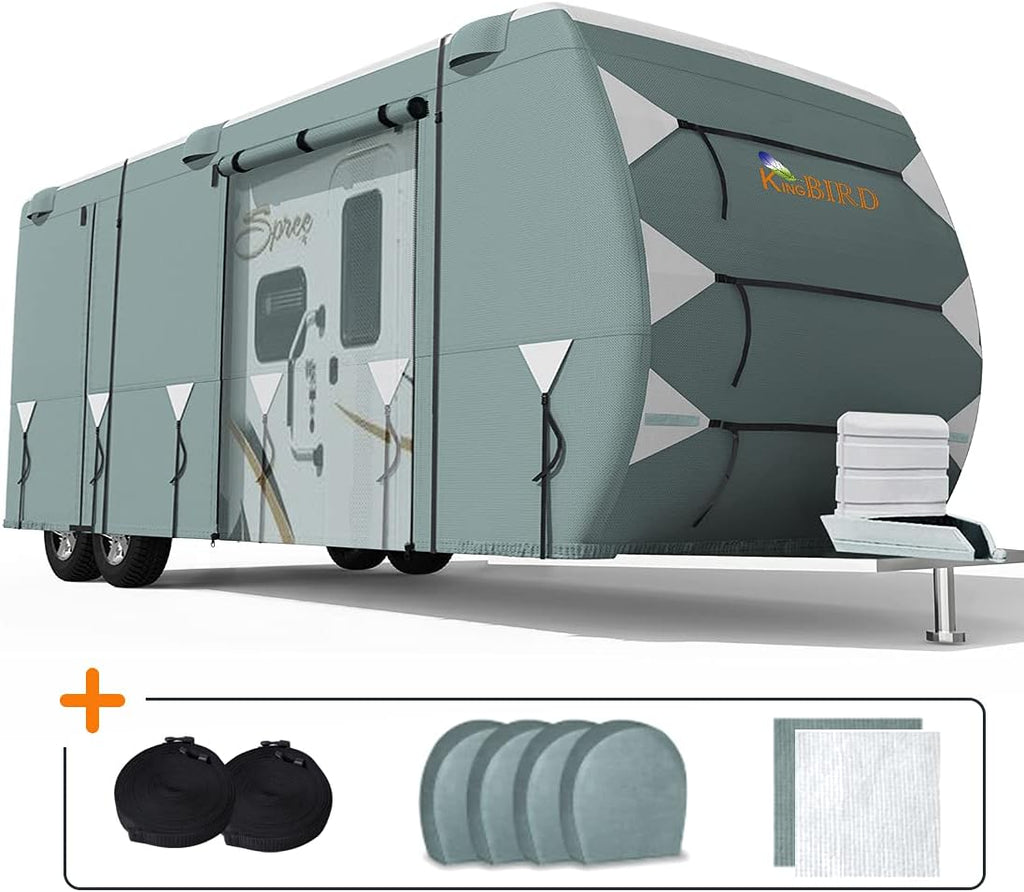 Extra-Thick 5 Layers Anti-UV Travel Trailer RV Cover with 2 Straps & 4 Tire Covers G6019