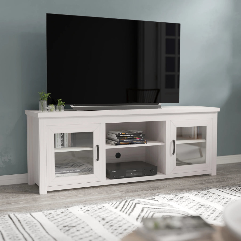 White Wash 65" TV Stand with Glass Doors and 3 Shelves C59293