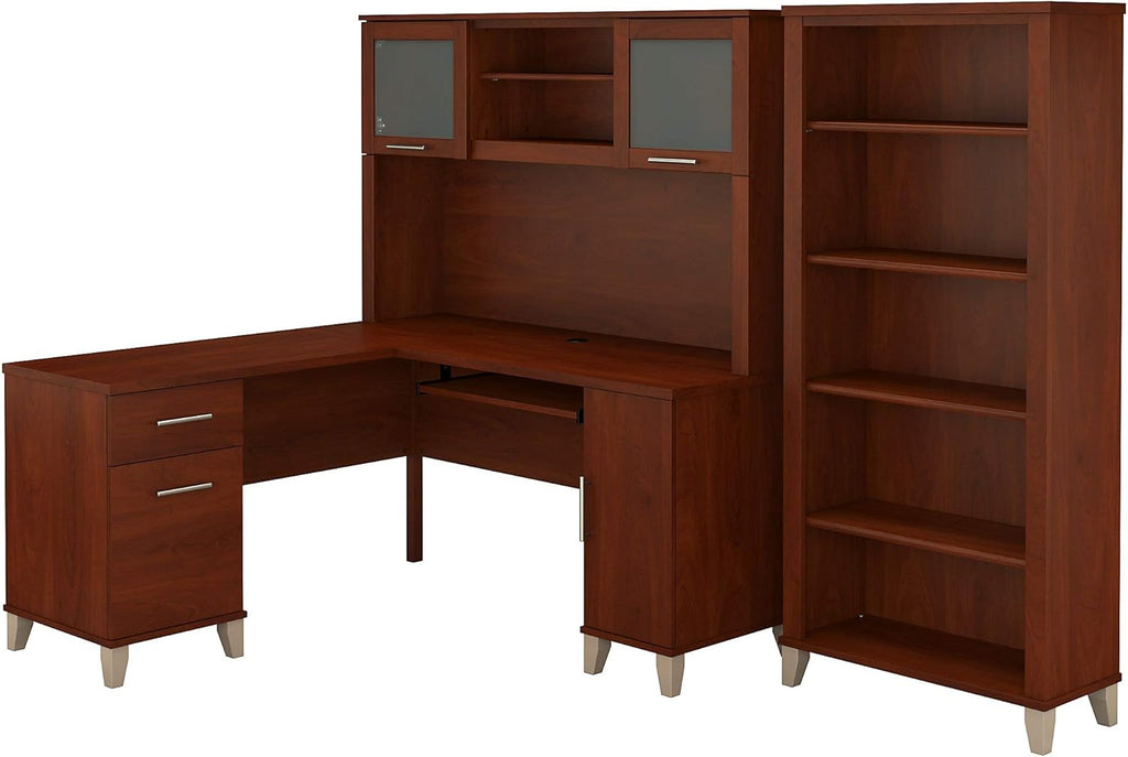 L Shaped Desk with Hutch and 5 Shelf Bookcase, 72W, Storm Gray G4424