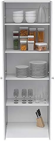 White & Light Oak Kitchen Tall Utility Storage Pantry Cabinet with Metal Handles K917604
