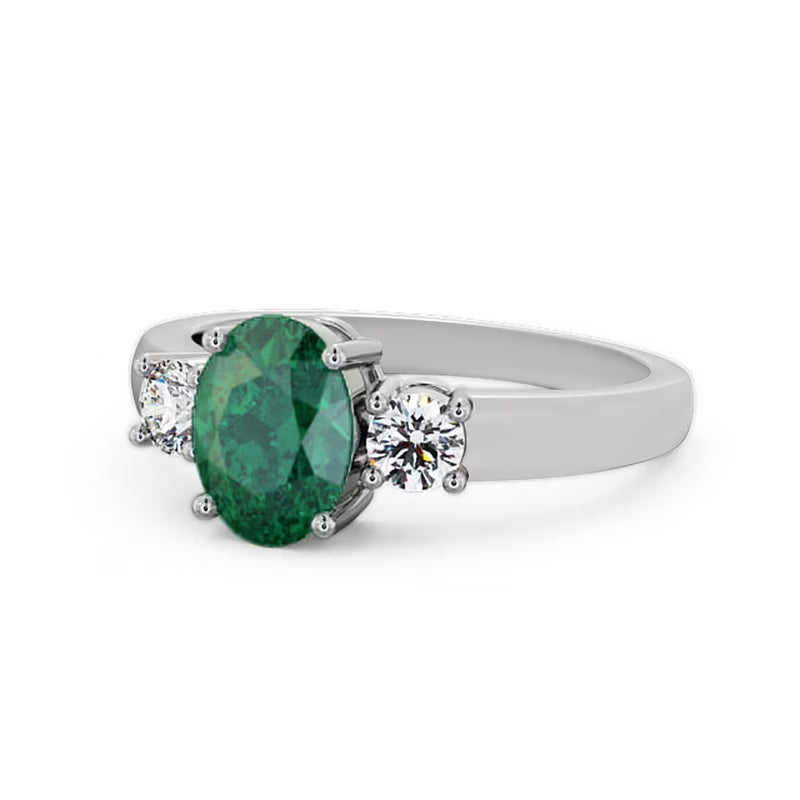Oval Cut Emerald Three Stone Ring 14K White Gold Size 4 S947