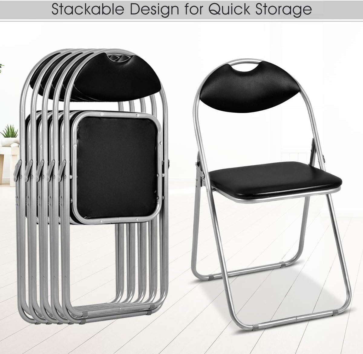 6 Pack Aluminum Folding Chairs with Padded Seats and Carrying Handle, Black U453889