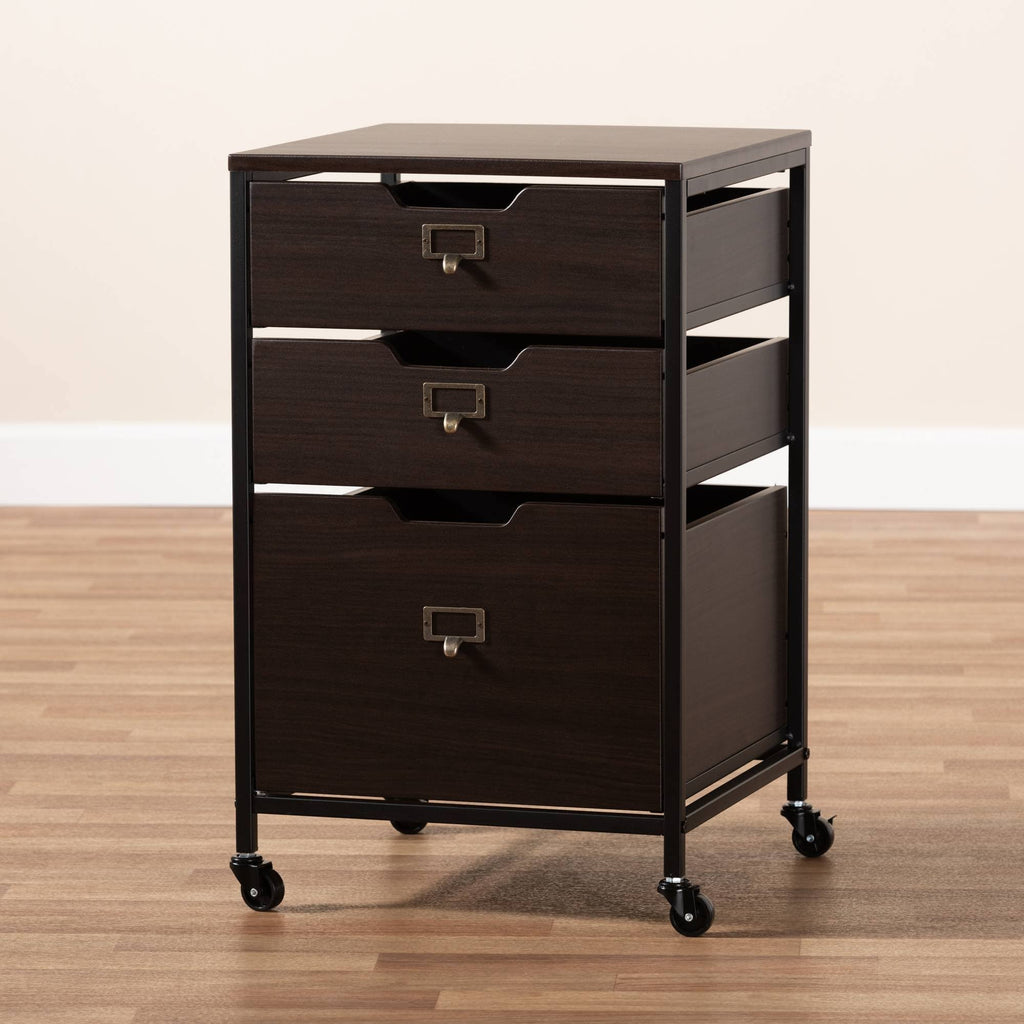 Espresso Wood and Black Metal Mobile File Cabinet 3-Drawer E574255