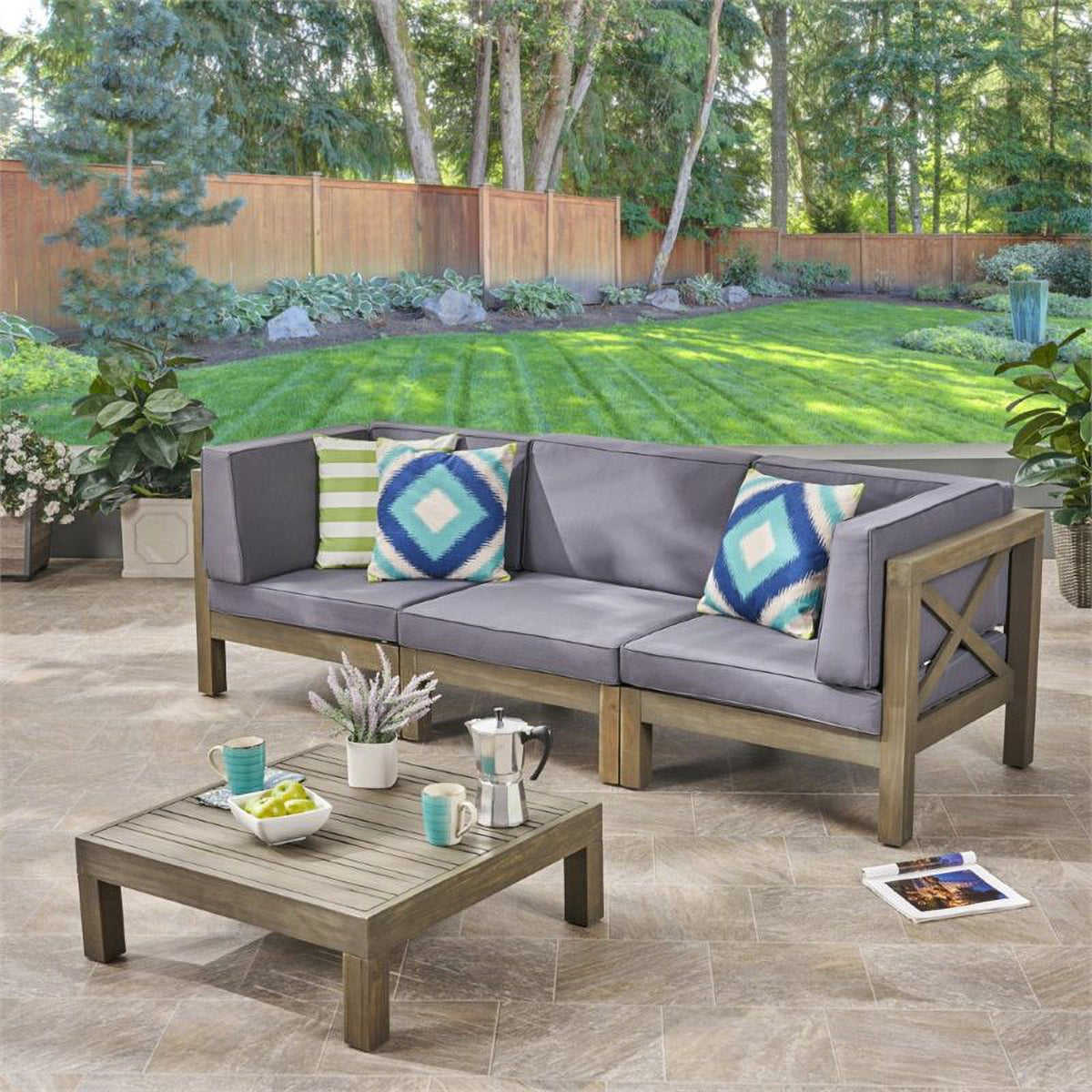 4 Piece Outdoor Acacia Wood Sofa Set in Gray E4372