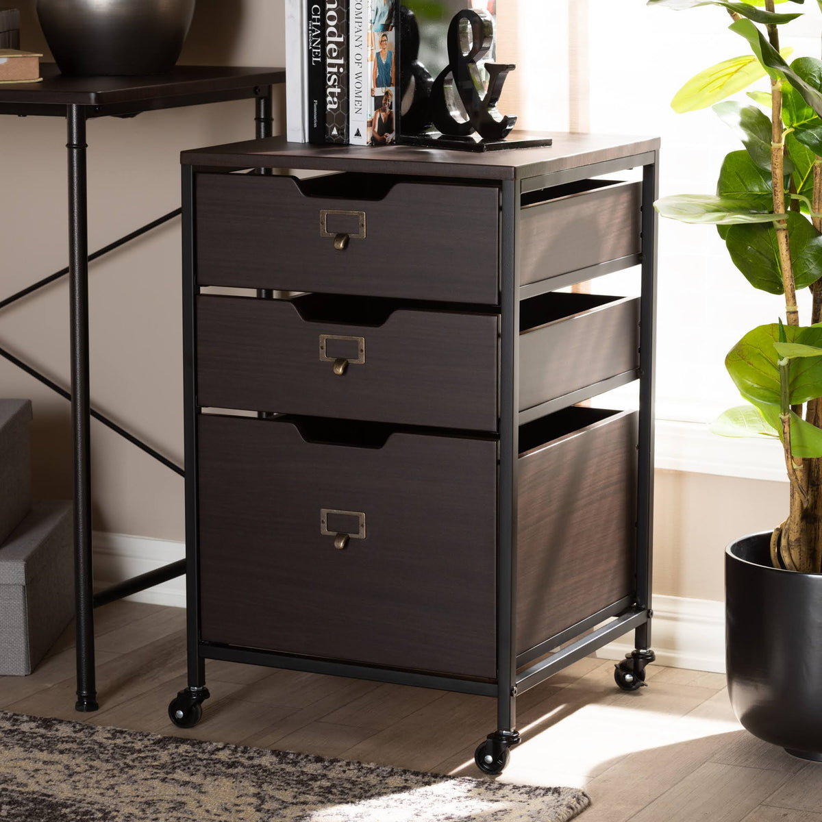 Espresso Wood and Black Metal Mobile File Cabinet 3-Drawer E574255
