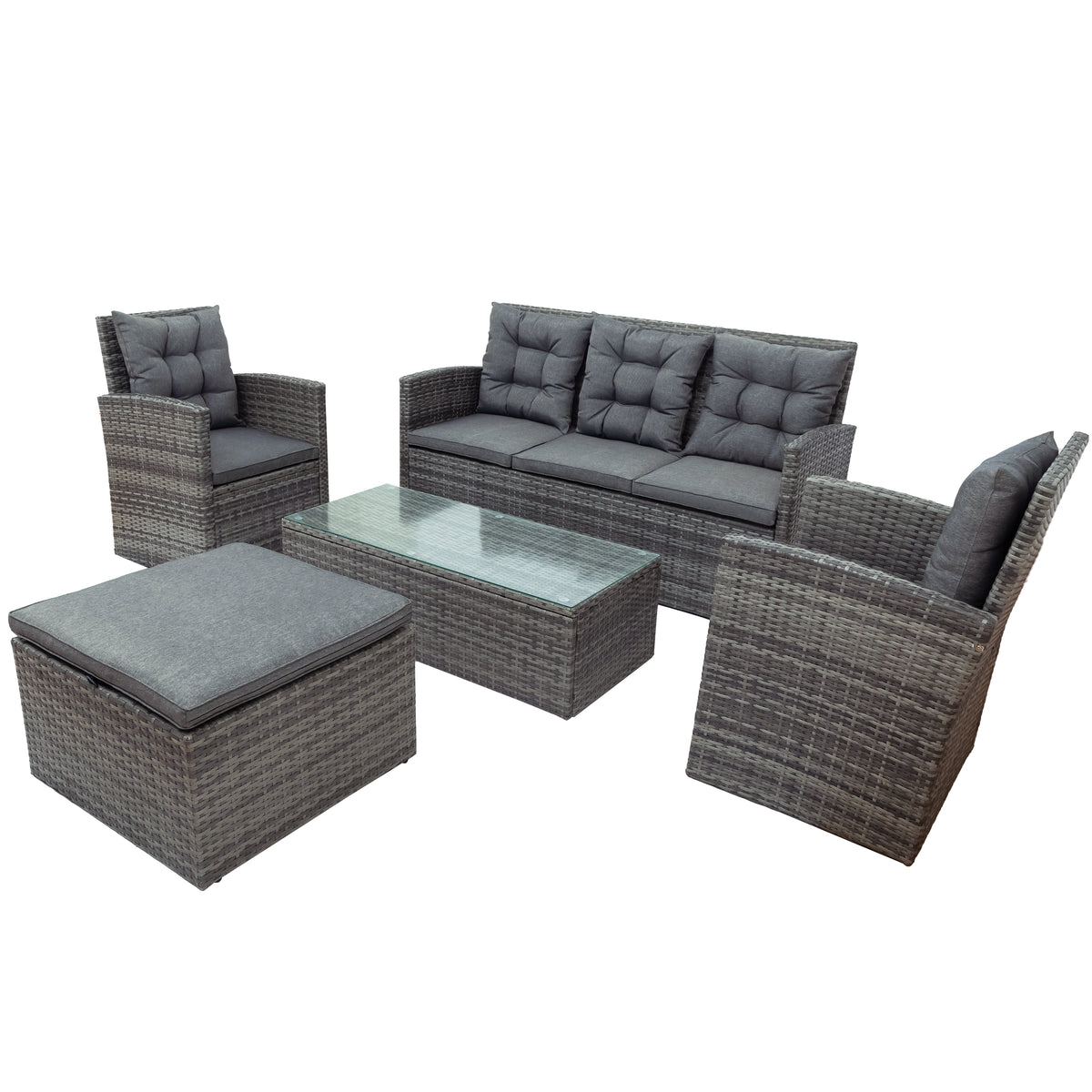 5 Piece Outdoor Patio Furniture Set with Storage Ottoman, 3 Seat Couch & 2 Arm Chairs, PE Wicker Sofa with Tempered Glass Table, Gray D5027