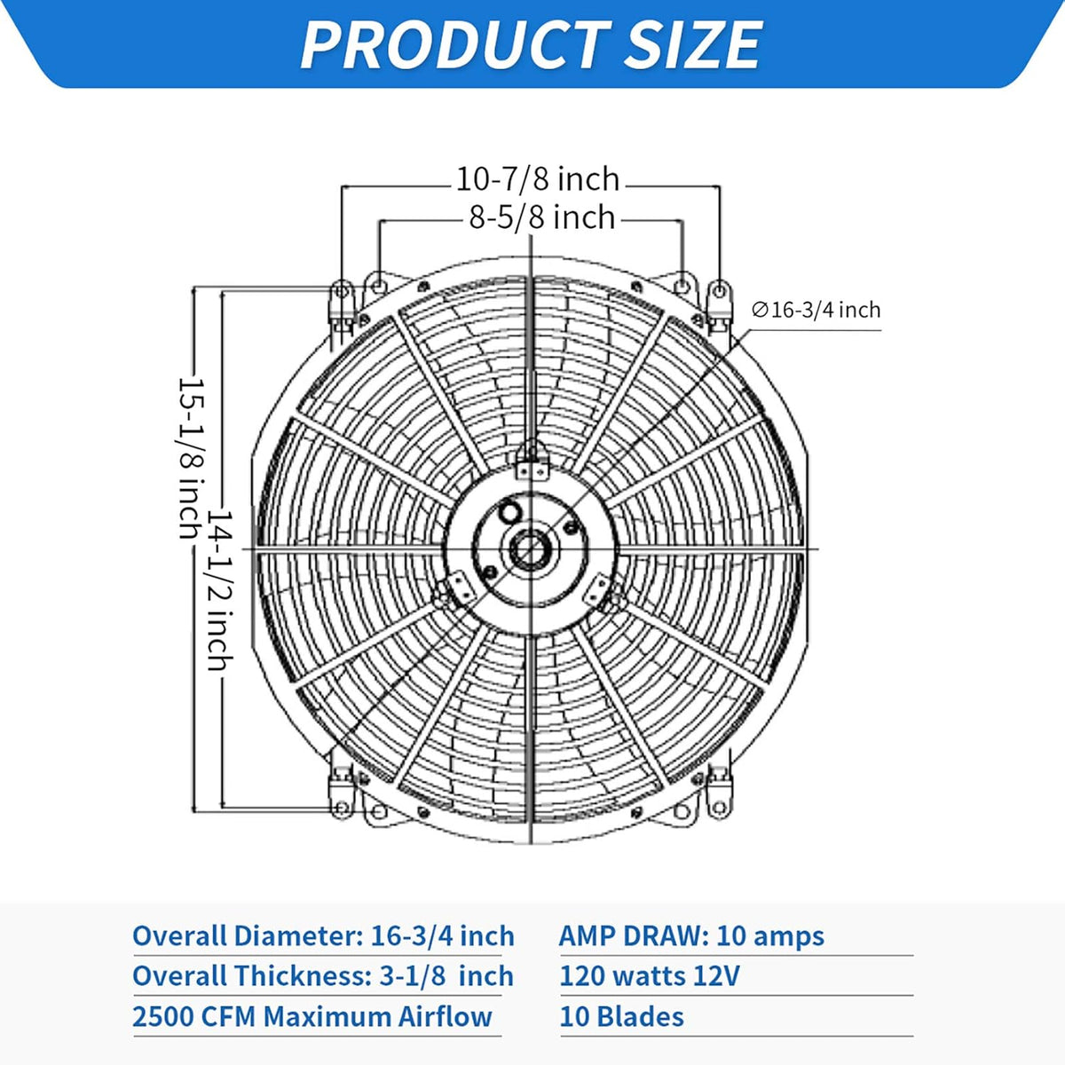 Reversible 16 Inch Electric Engine Radiator Cooling Fan with Mounting Kit 2500 CFM 12 Volts 120 Watts Pack of 2 H48079
