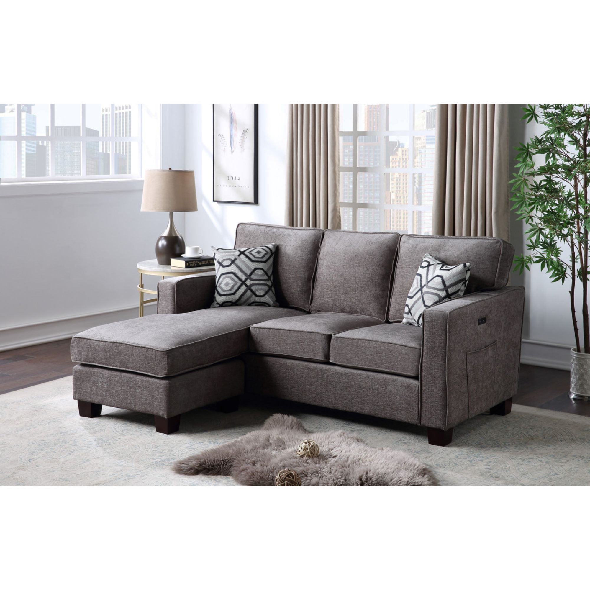 Gray Linen Fabric Sectional Sofa Chaise with USB Port X649345