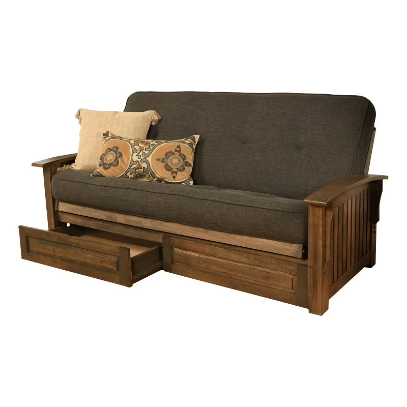 Walnut Futon with Drawers and Linen Gray Mattress Z1322