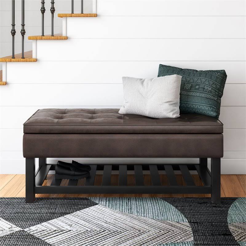 Distressed Brown Faux Leather Storage Ottoman Bench H9893