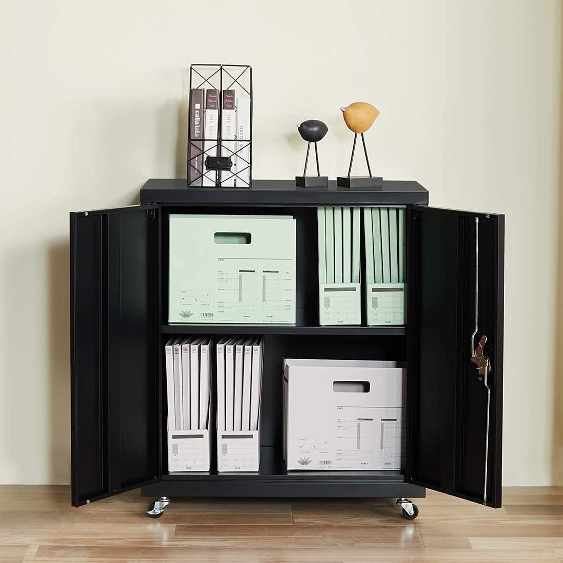 Metal Storage Cabinet with Locking Doors and Wheels, Black B2594