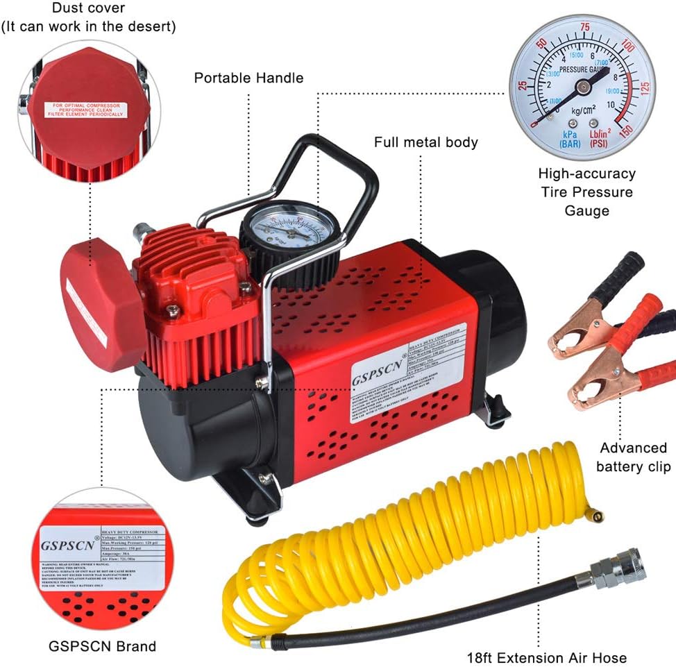 Portable 12V Air Compressor Pump, 150PSI Red Tire Inflator T7766
