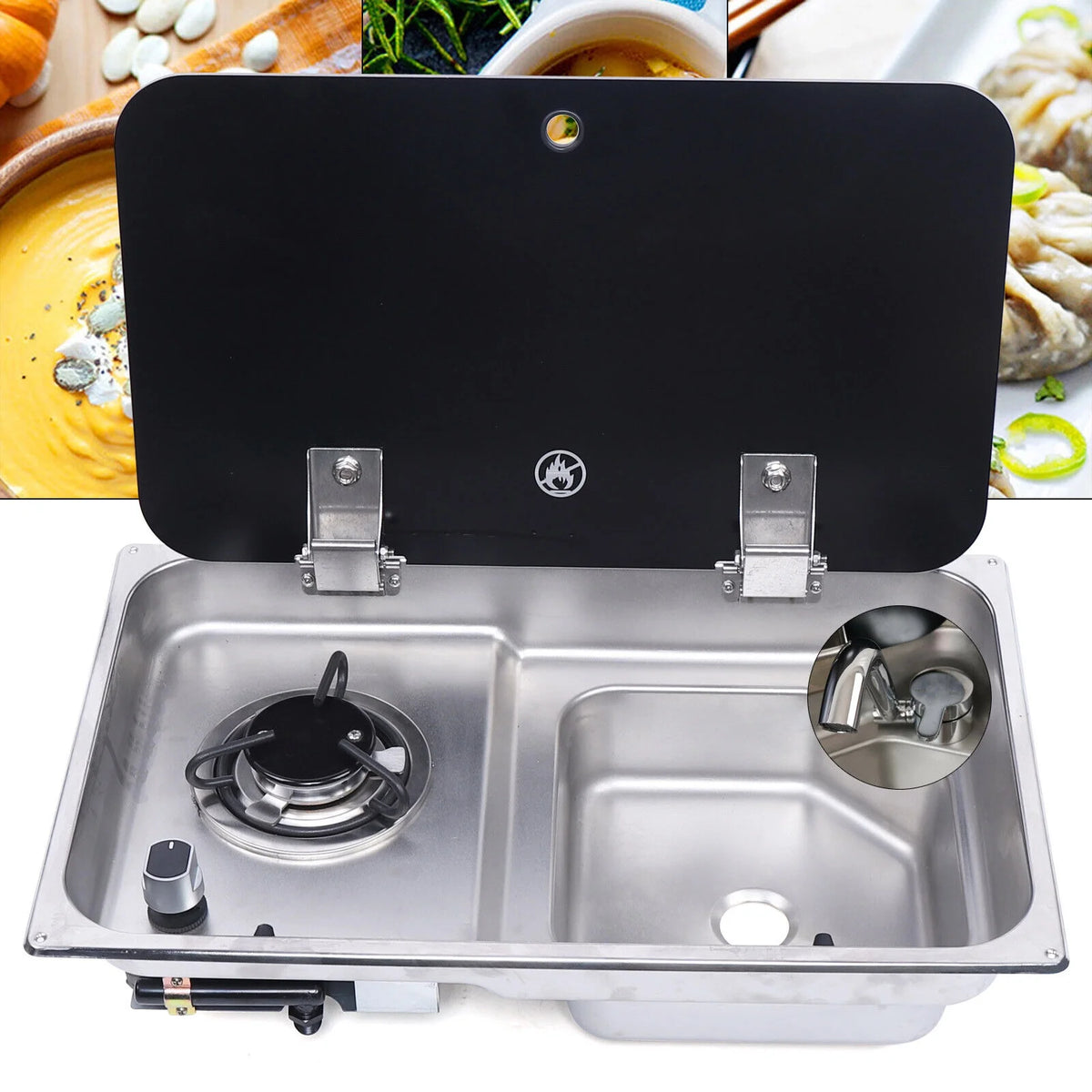 RV Gas Stove 1 Burner With Sink & Faucet Combo w/ Glass Lid A40501