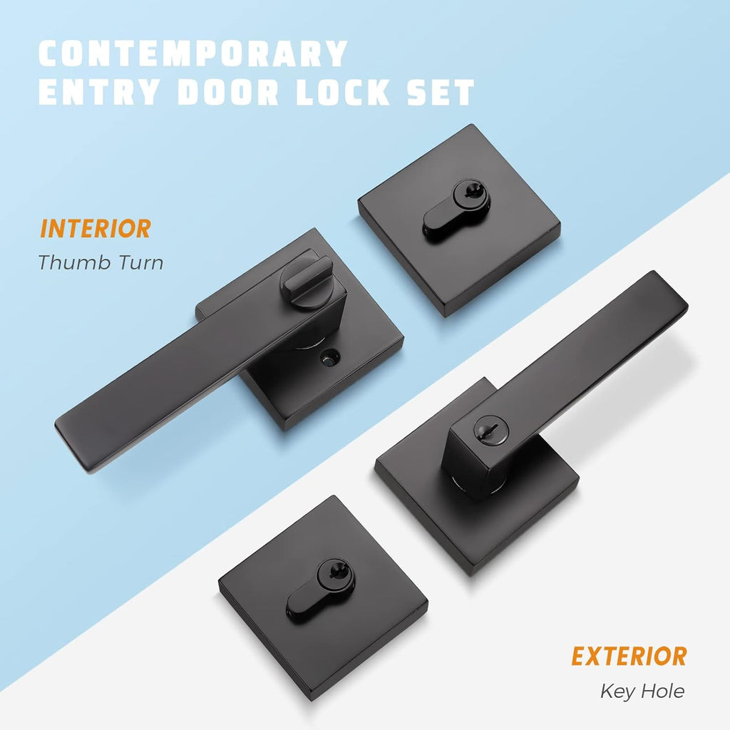 Matte Black Solid Steel Entry Door Handle Set with Deadbolt and Lever, Pack of 2 N67645