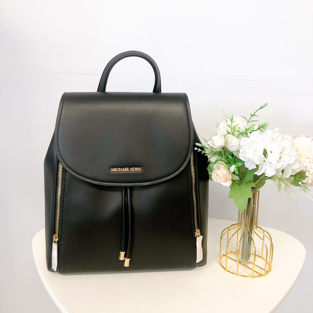 Black Leather Drawstring Backpack D514206