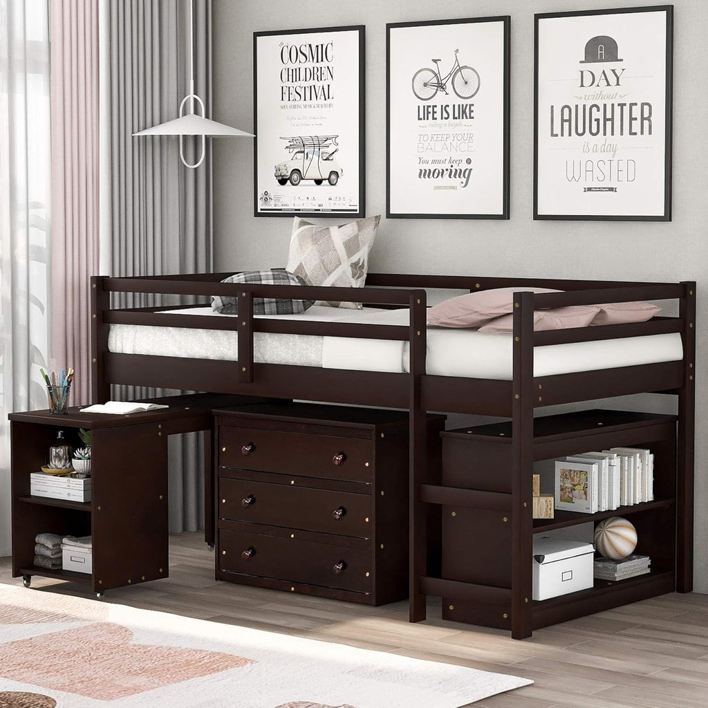 White Twin-Size Low Loft Bed Frame with Ladder Cabinet Desk N2087