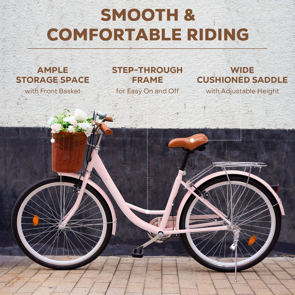 24 Inch City Cruiser Bicycle with Carbon Steel Frame Dual V Brakes Basket Y187509