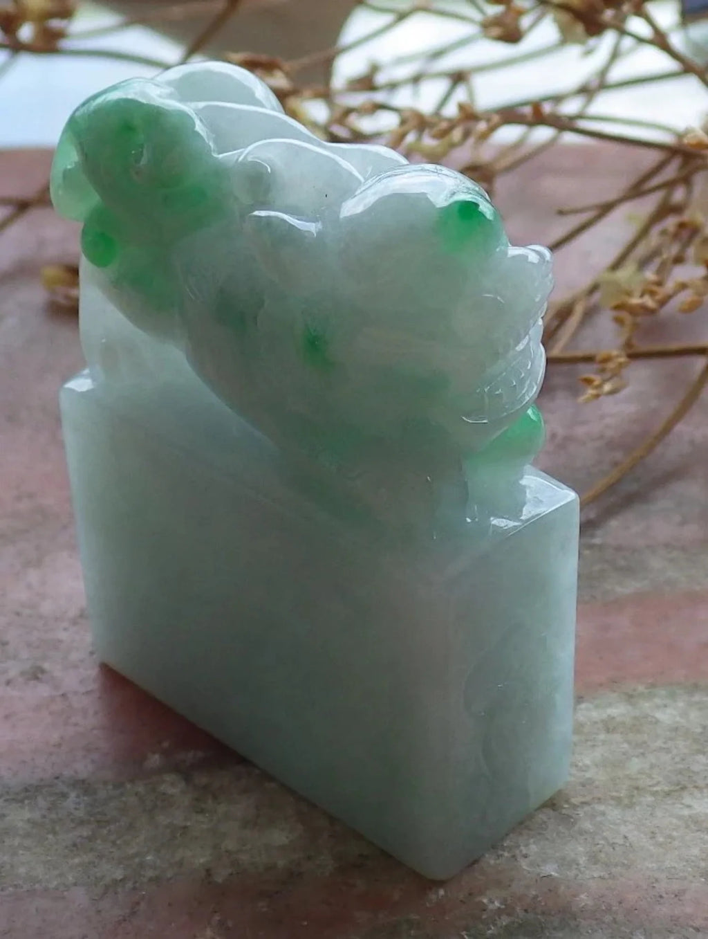 Green Natural Burma Jade Dragon Pi Xiu Chop Seal Display Y21893