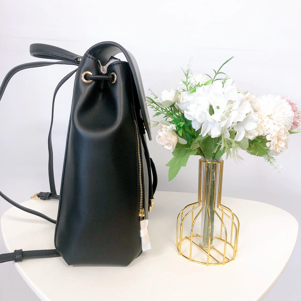 Black Leather Drawstring Backpack D514206
