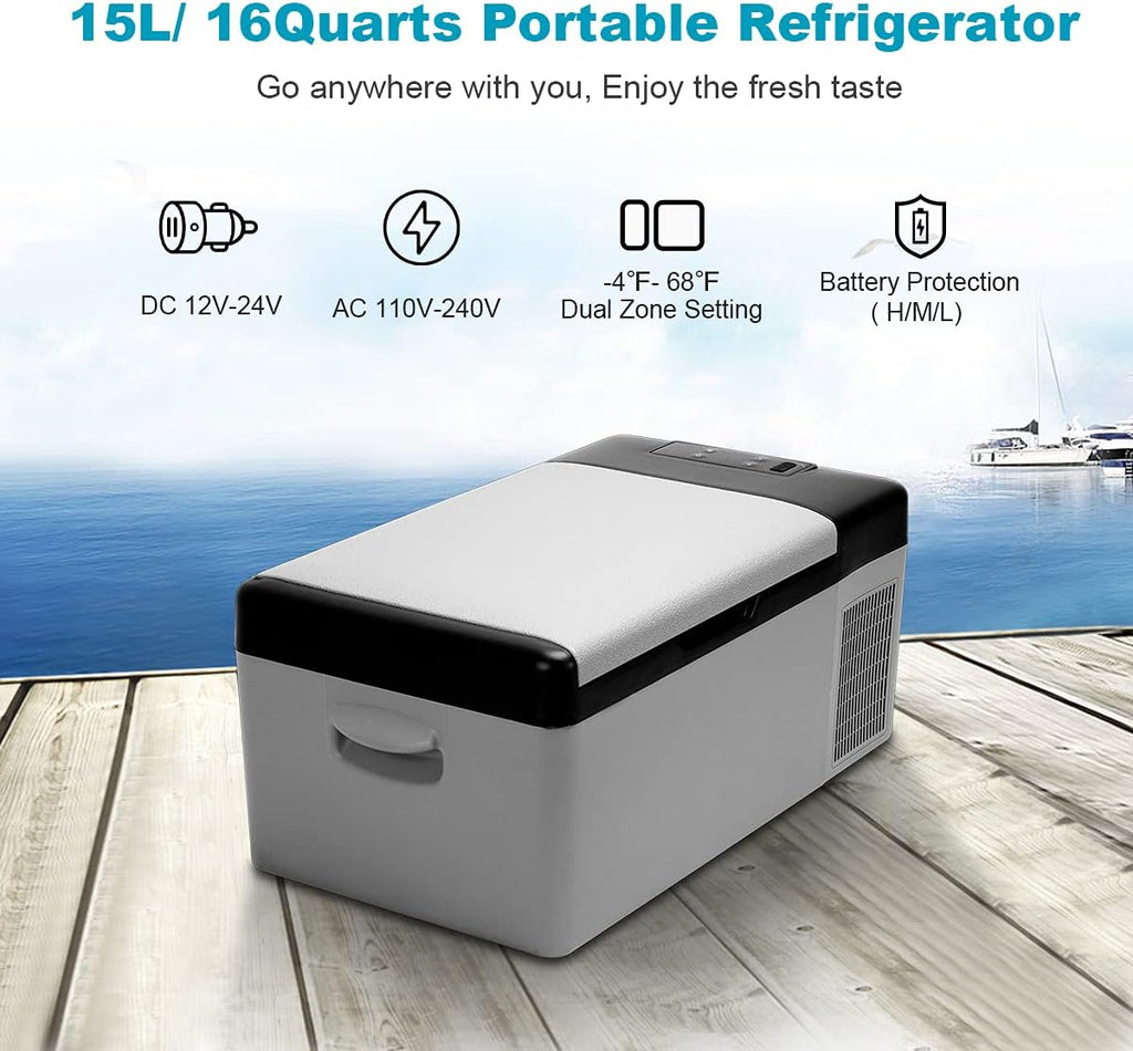 12V Portable Car Refrigerator, 15L/16 Quart Fridge Freezer, Mini Electric Compressor Cooler M112