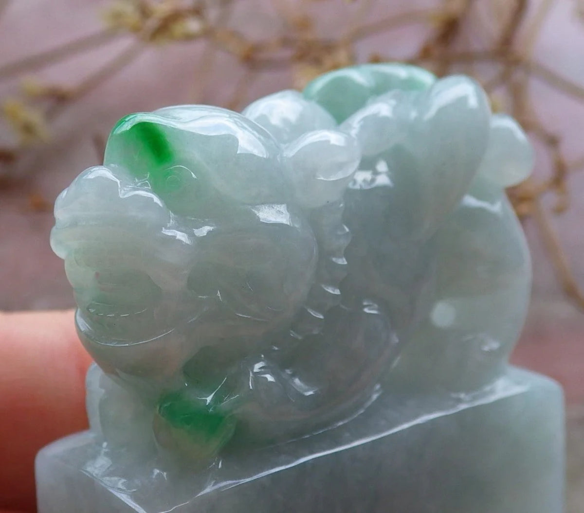 Green Natural Burma Jade Dragon Pi Xiu Chop Seal Display Y21893