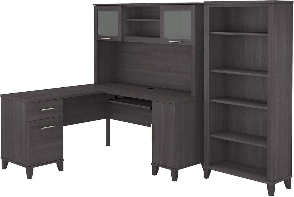L Shaped Desk with Hutch and 5 Shelf Bookcase, 72W, Storm Gray G4424
