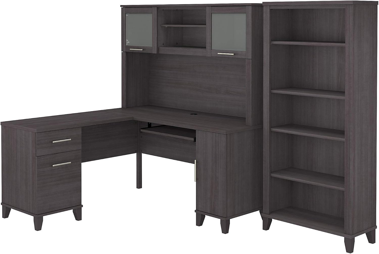 L Shaped Desk with Hutch and 5 Shelf Bookcase, 72W, Storm Gray G4424